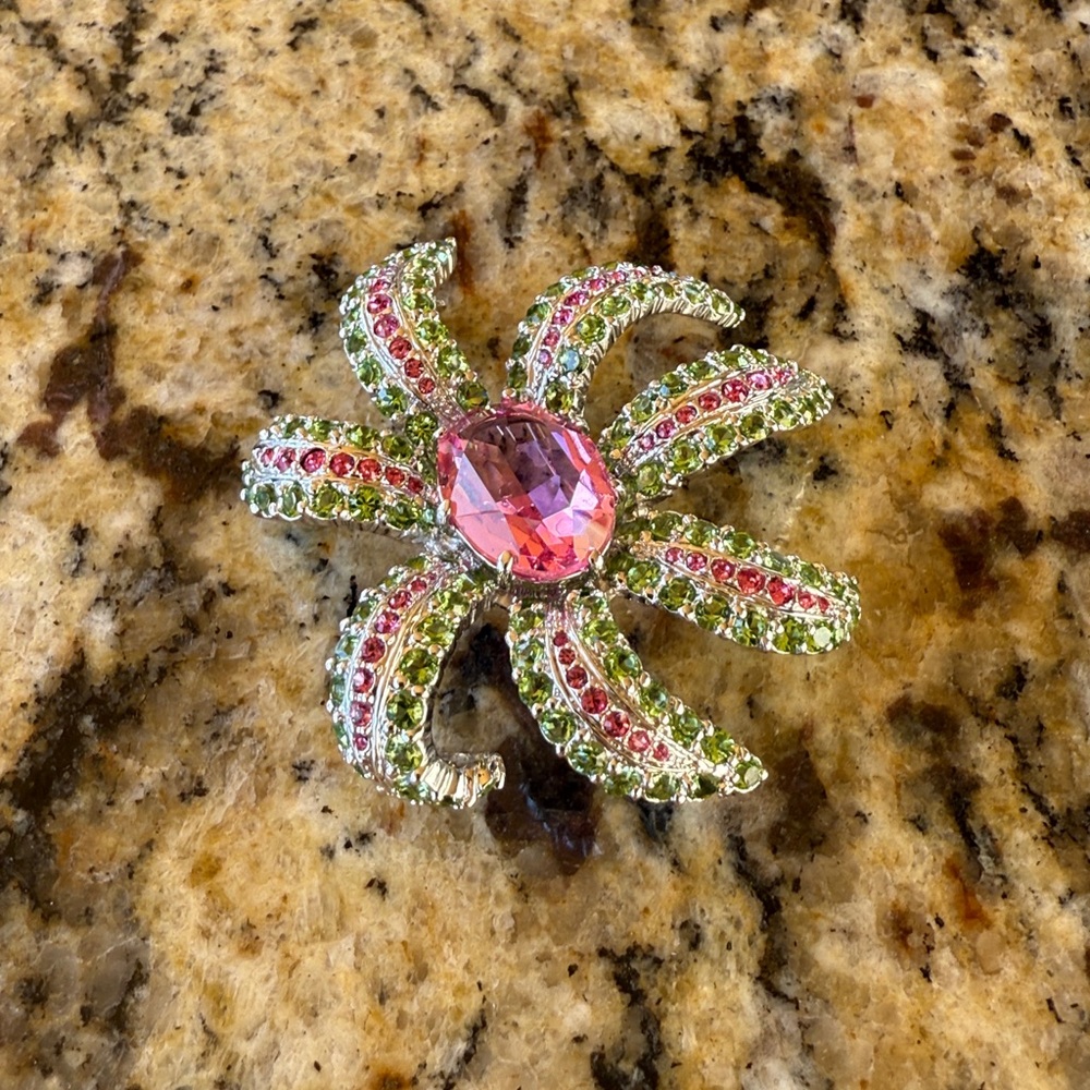 Vintage Elegant Pink and Green Crystal and Cubic Zirconia Brooch by KJL